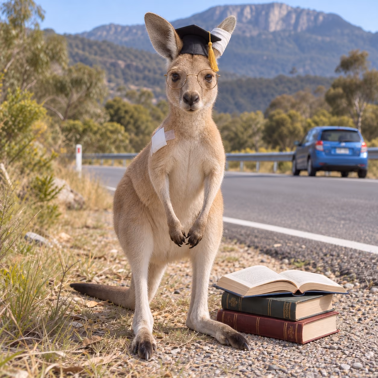 A bespectacled kangaroo in a graduation cap and bandaged ear, standing beside a stack of books at the roadside, with a car passing on the highway behind it