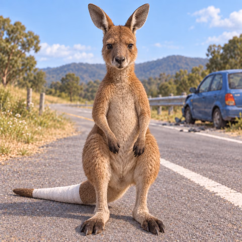 A kangaroo standing on the roadside with a bandaged tail, beside a crashed car.