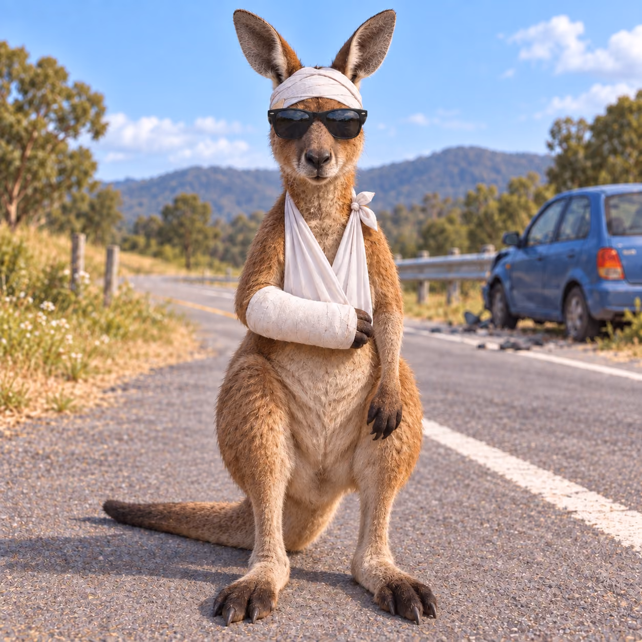 A kangaroo in sunglasses with a bandaged head and its arm in a sling, standing on the roadside next to a crashed car.