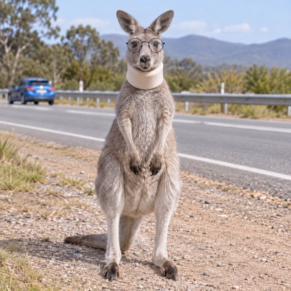 A kangaroo wearing round glasses and a neck brace, standing on the roadside next to a crashed car.