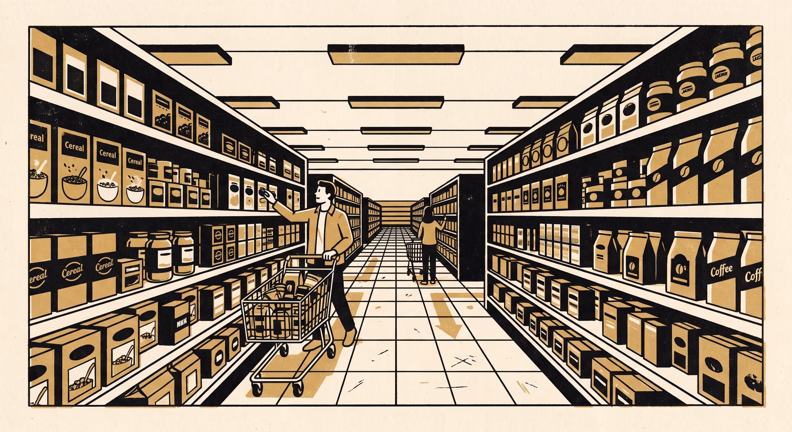 A supermarket aisle reduced to flat gold and black shapes, a shopper's cart pointed down a floor arrow toward the vanishing point, in a two-ink risograph print