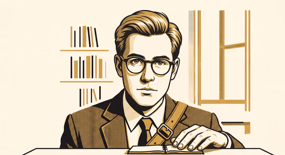 A stylised portrait of a young man in glasses and a tie, seated at a desk with an open book and a satchel strap over his shoulder, bookshelves behind him, in a gold-and-black halftone print