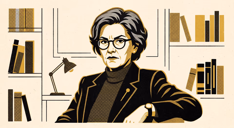 A stylised portrait of a woman in glasses and a blazer, seated at a desk with a lamp and bookshelves behind her, in a gold-and-black halftone print