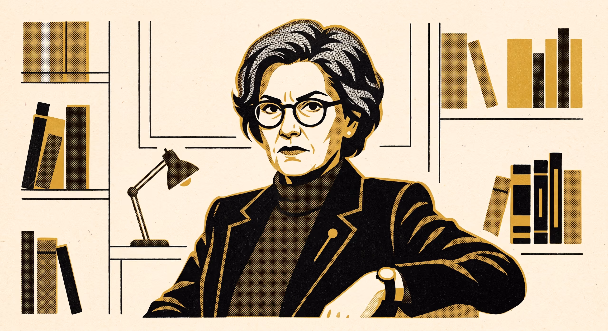 A stylised portrait of a woman in glasses and a blazer, seated at a desk with a lamp and bookshelves behind her, in a gold-and-black halftone print