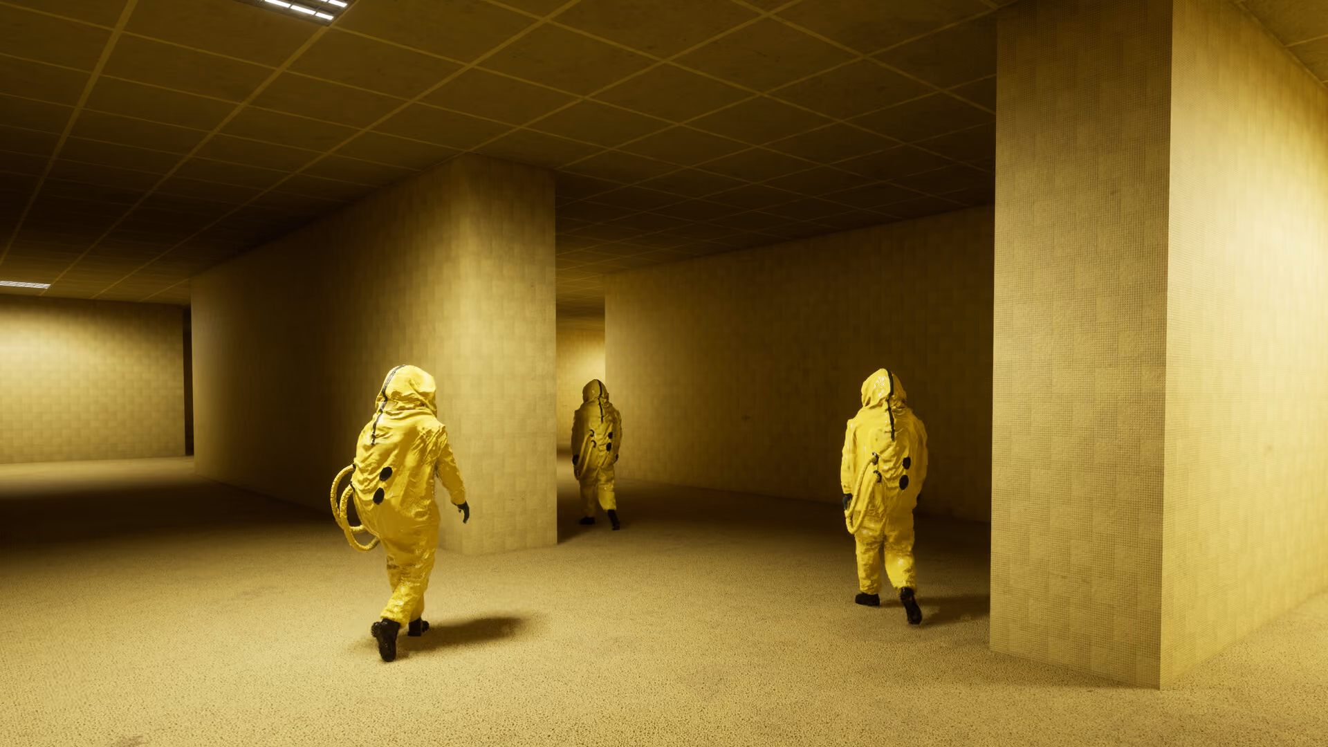 Three figures in yellow hazmat suits walking away down a sickly-lit, featureless corridor lined with identical carpeted walls