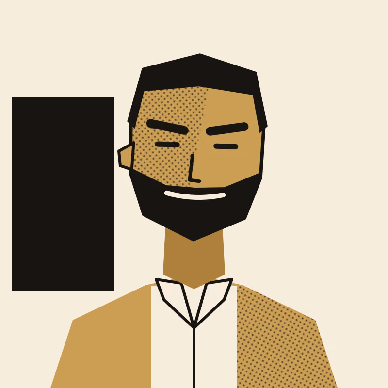 A two-ink portrait in flat gold and black: a gold-toned angular bust with a broad jaw, closely cropped hair, heavy brows and a full beard, the collar of a pale shirt open at the throat, one side of the face in a deeper halftone shadow, against a black panel