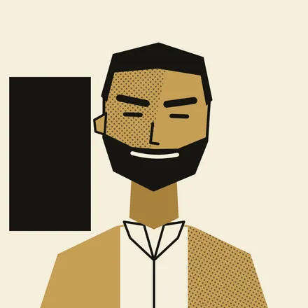 A two-ink portrait in flat gold and black: a gold-toned angular bust with a broad jaw, closely cropped hair, heavy brows and a full beard, the collar of a pale shirt open at the throat, one side of the face in a deeper halftone shadow, against a black panel