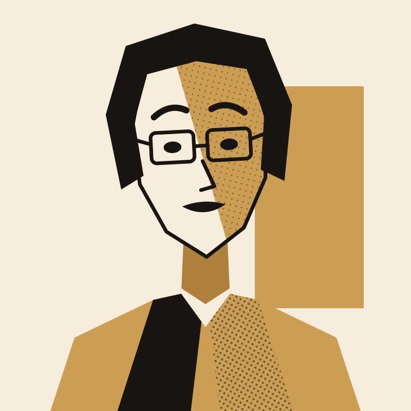 A two-ink portrait in flat gold and black: a cream-toned angular bust with full swept-back hair, rectangular glasses and a notched lapel, the head tipped slightly left and one side of the face in a halftone gold shadow, against a gold panel
