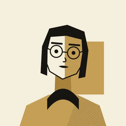 A two-ink portrait in flat gold and black: a round, cream-toned angular bust with a chin-length bob, round glasses and a high roll-neck, the head tipped to one side and half the face in a halftone gold shadow, against a gold panel