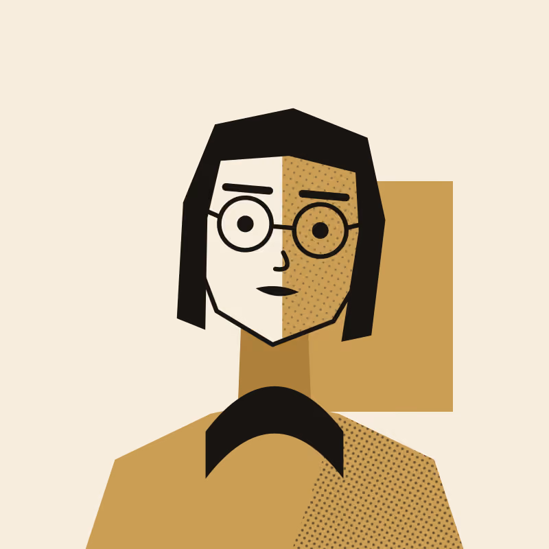 A two-ink portrait in flat gold and black: a round, cream-toned angular bust with a chin-length bob, round glasses and a high roll-neck, the head tipped to one side and half the face in a halftone gold shadow, against a gold panel