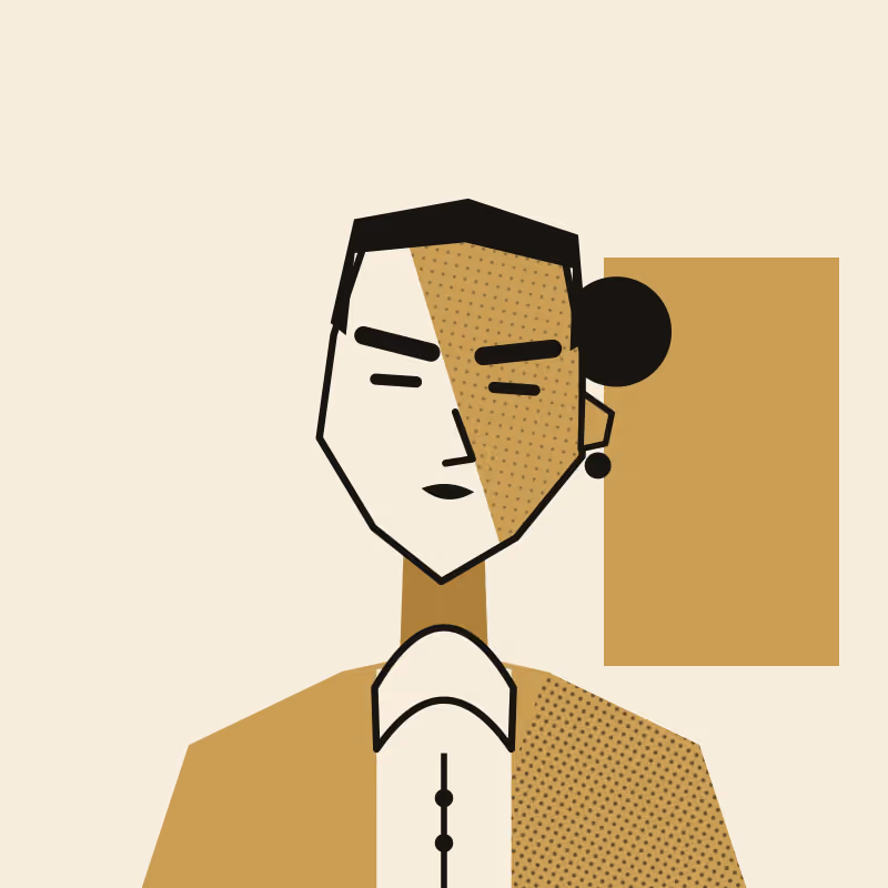 A two-ink portrait in flat gold and black: a cream-toned angular bust with hard cheekbones, hair drawn back into a low bun, a single drop earring and a buttoned band collar, the shadow cutting diagonally across the face, against a gold panel