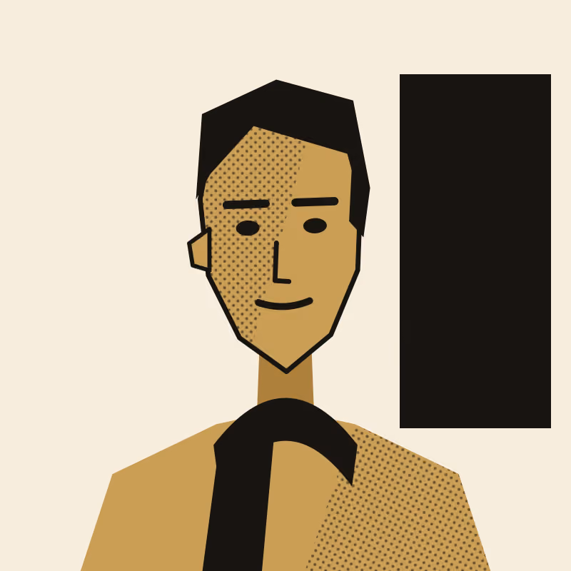 A two-ink portrait in flat gold and black: a long, narrow gold-toned angular bust with a deep side part and a scarf wound at the throat, the shadow falling steeply across one cheek, against a black panel