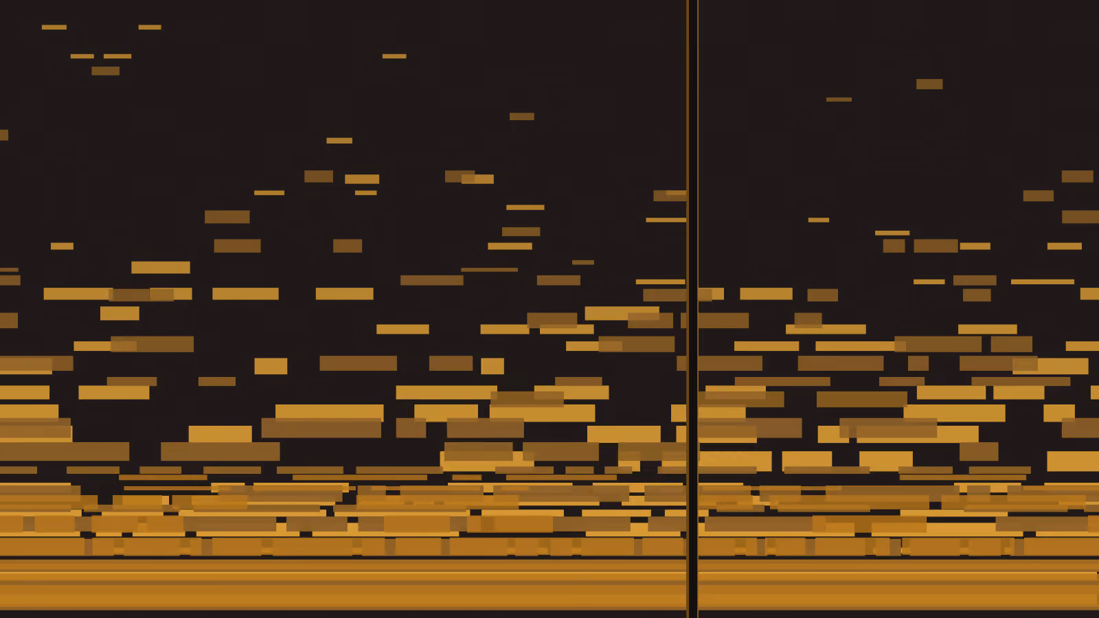 A cross-section of layered ground, gold strata on near-black, dense unbroken bands at the base thinning upward into scattered fragments, with a single narrow trench cut vertically through every layer