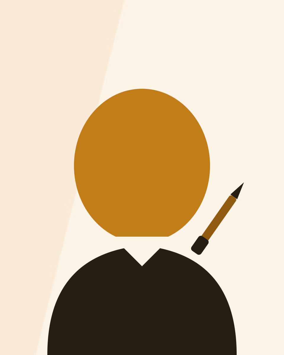 A stylised portrait of a person in three-quarter view, a pencil at the shoulder, in flat gold and black shapes on warm cream