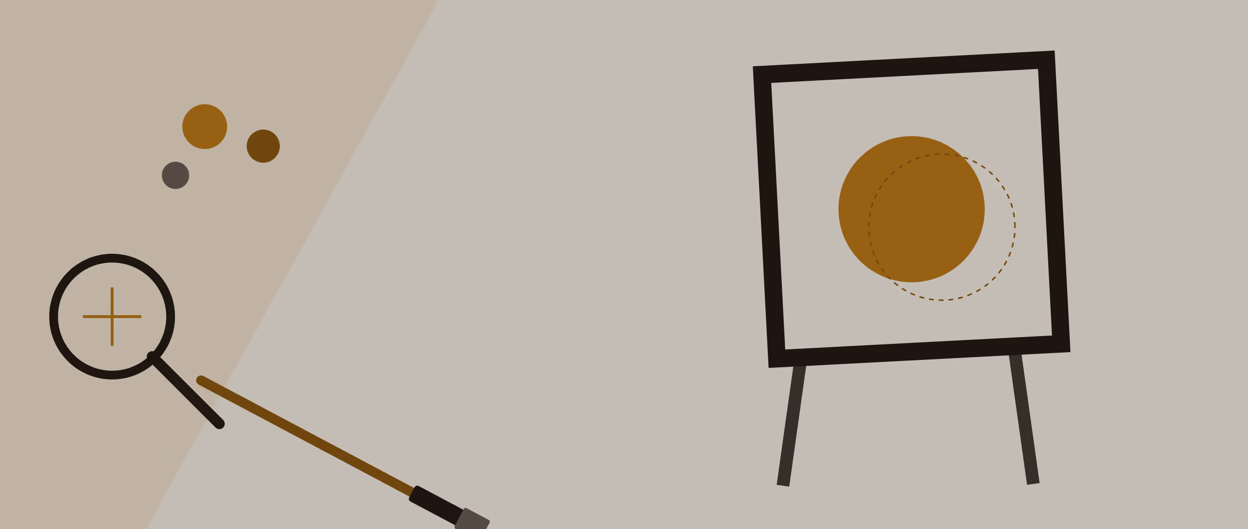 A tilted canvas on an easel, half-finished, beside paint swatches, a loaded brush and a loupe held up to inspect the work, in flat gold and black shapes on warm cream