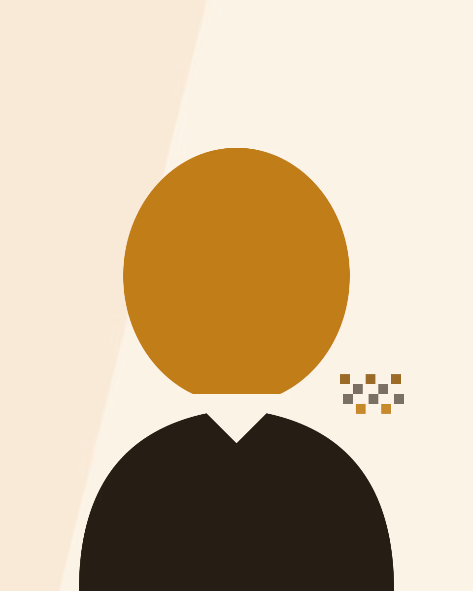 A stylised portrait of a person facing the viewer, a scatter of pixel-glitch squares at the shoulder, in flat gold and black shapes on warm cream