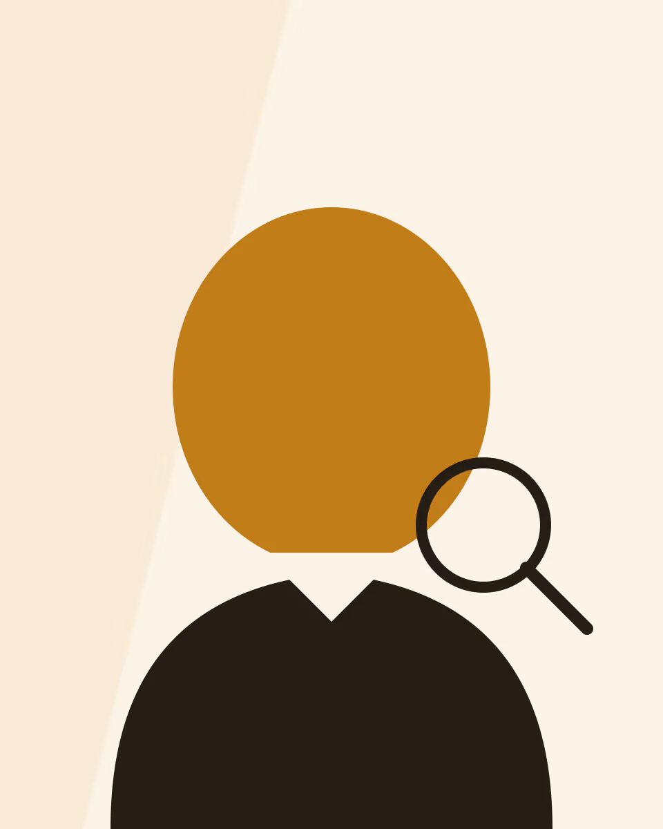 A stylised portrait of a person facing the viewer, a loupe held to one side, in flat gold and black shapes on warm cream