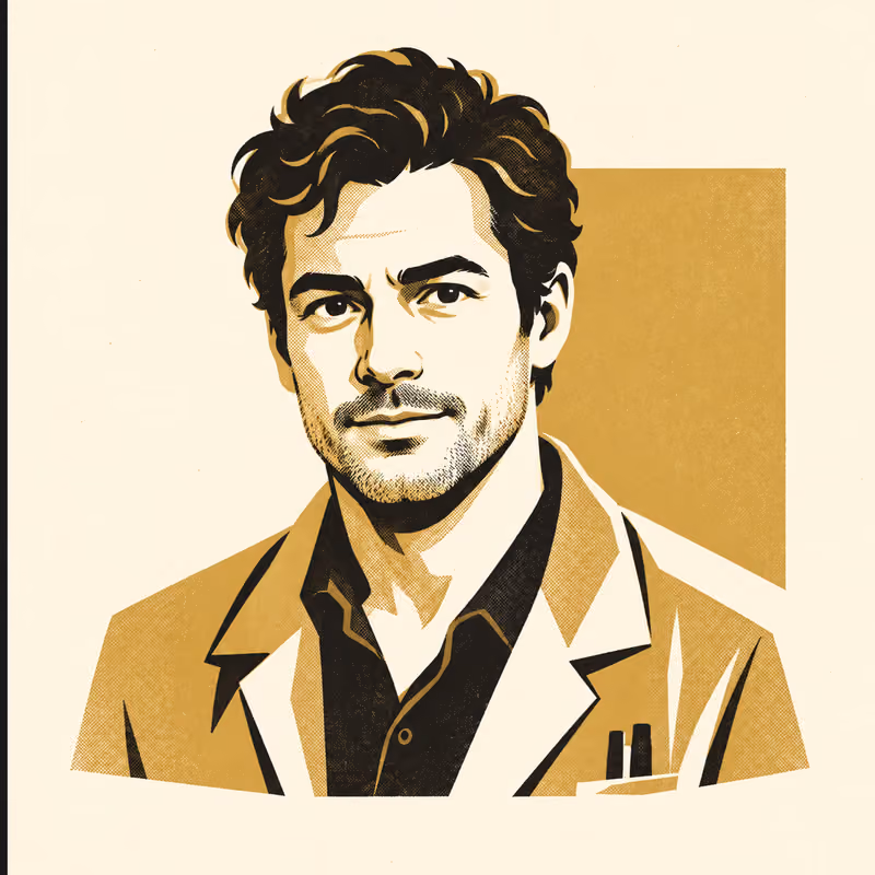A stylised portrait of a person in three-quarter view, flat gold and black shapes on warm cream, in a two-ink risograph print