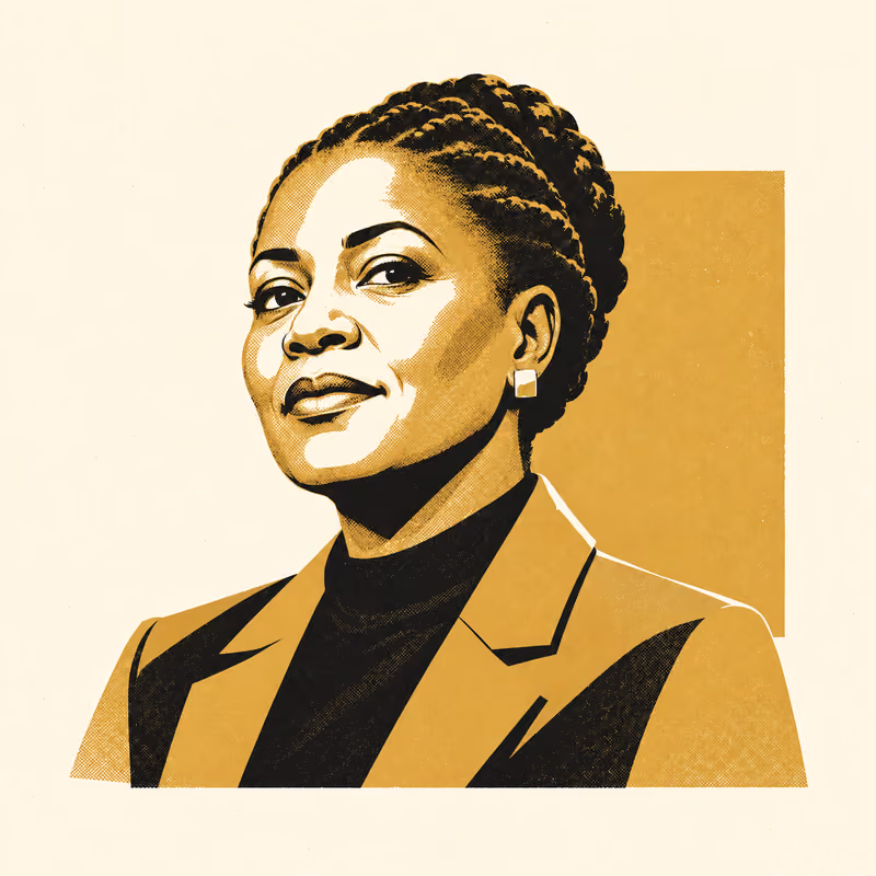 A stylised portrait of a person in three-quarter view, flat gold and black shapes on warm cream, in a two-ink risograph print