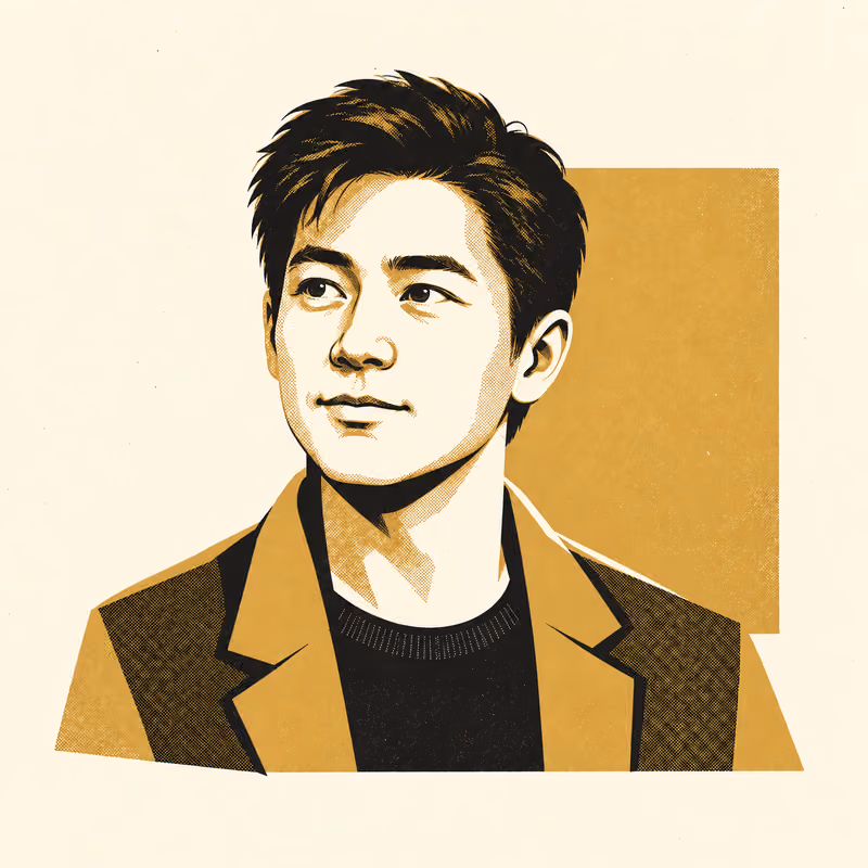 A stylised portrait of a person in three-quarter view, flat gold and black shapes on warm cream, in a two-ink risograph print