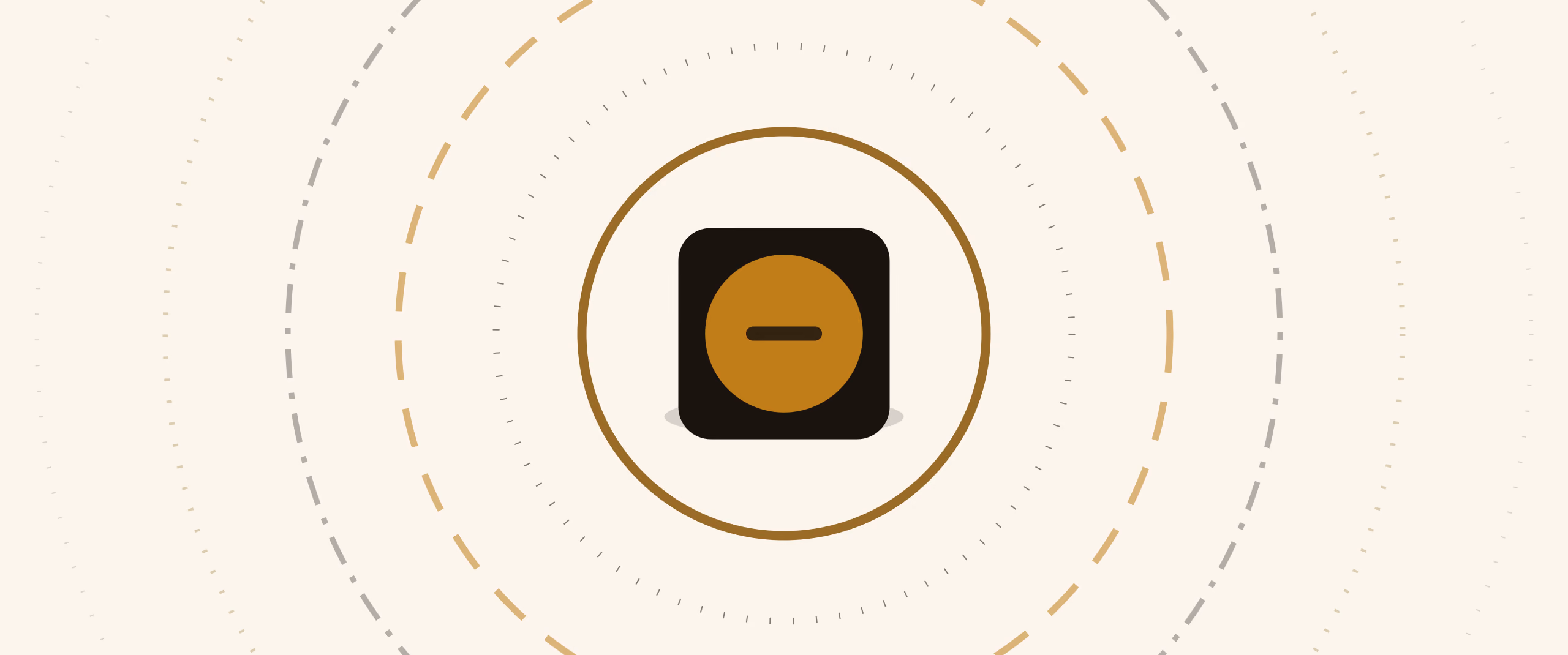 A single button — a gold circular cap set in a dark housing — encircled by concentric rings in different stroke styles, in flat two-ink risograph print
