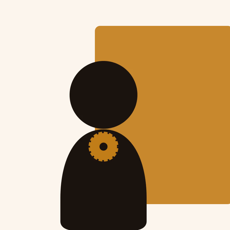 An abstract portrait mark, a dark head-and-shoulders shape against a mirrored gold block, with a dashed gold ring on the shoulder, in flat two-ink risograph style