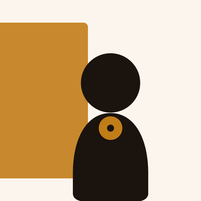 An abstract portrait mark, a dark head-and-shoulders shape against a gold block, with a solid gold ring on the shoulder, in flat two-ink risograph style