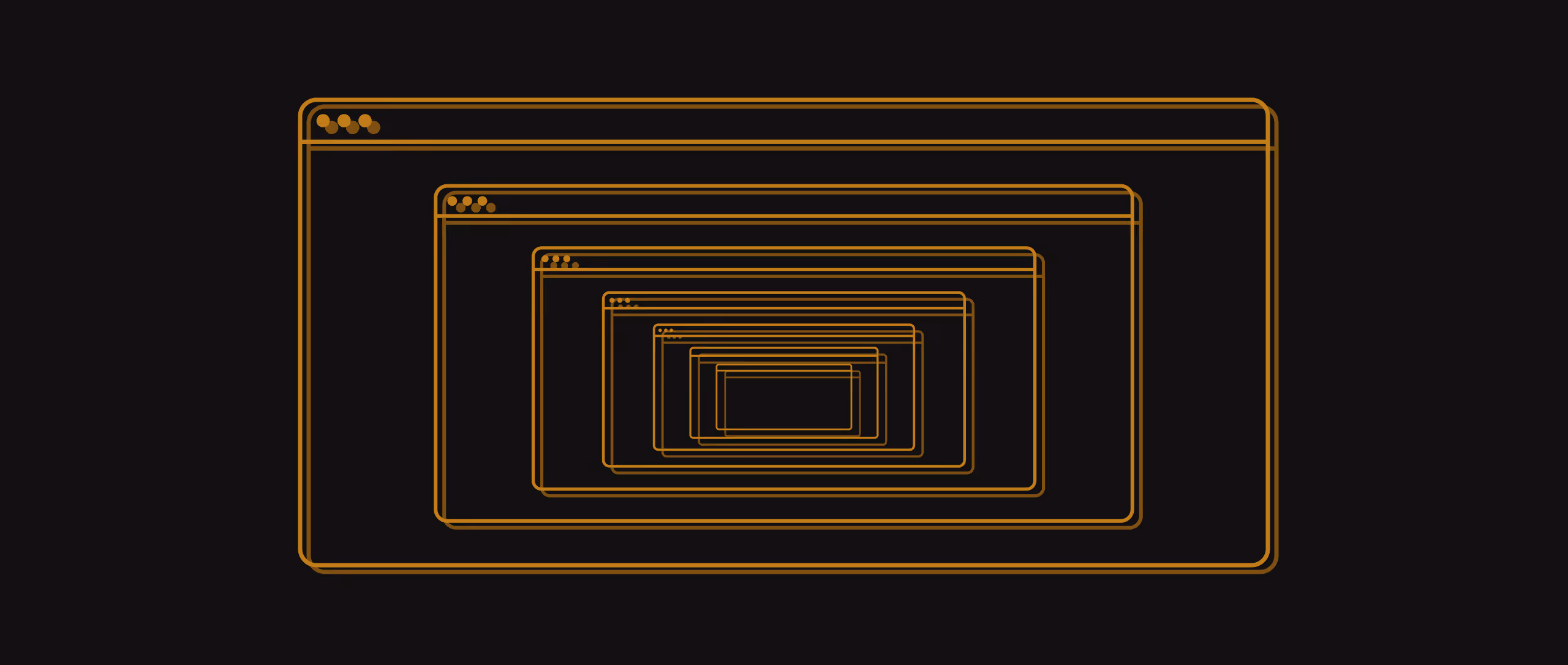 Browser windows nested one inside another, each opening a smaller copy of itself, receding towards the centre — drawn as flat gold outlines on black in a misregistered two-ink print
