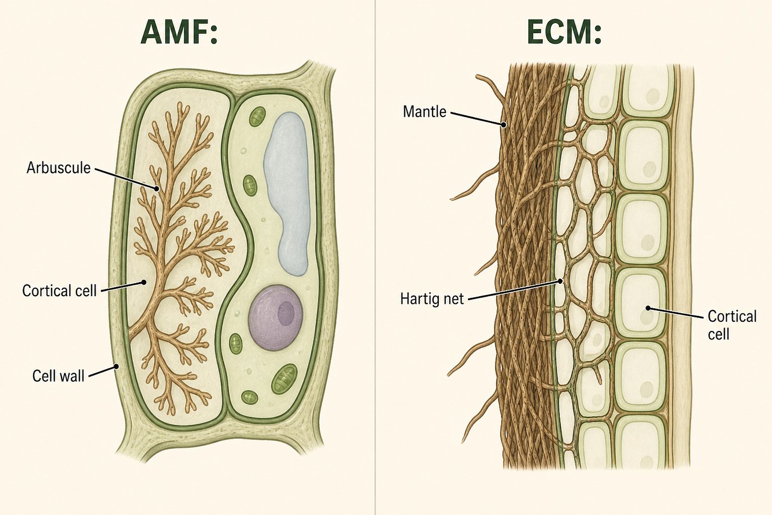 Side-by-side comparison of an arbuscule inside a cell and a Hartig net between cells.