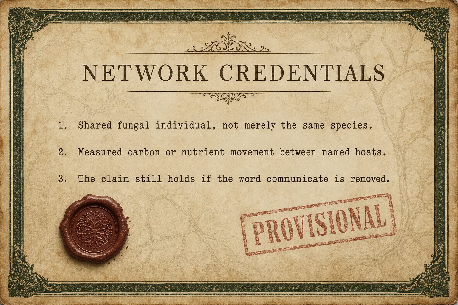 A credential document listing three tests a fungal network claim has to pass.