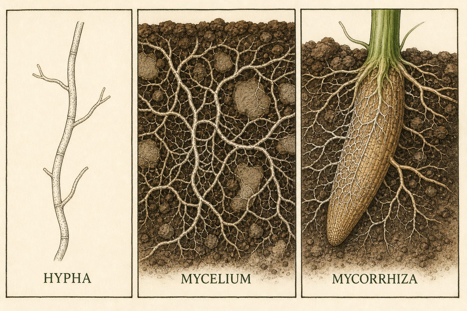 Three panels labelled hypha, mycelium, and mycorrhiza.