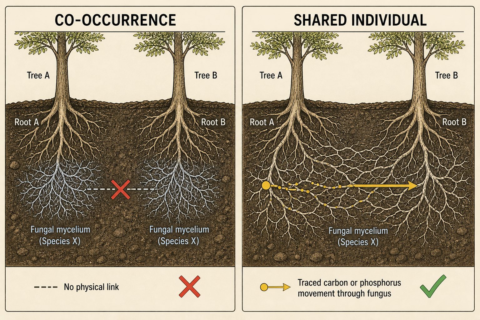 Co-occurrence of two unconnected mycelia versus one shared fungal individual with measured transfer.