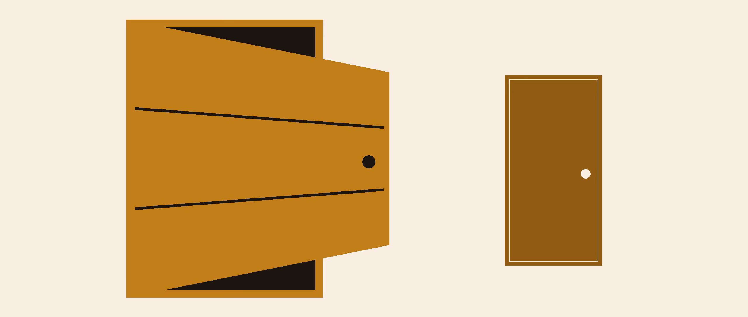 A door swung open beside a door shut, reduced to flat gold and black shapes on warm cream, in a two-ink risograph print