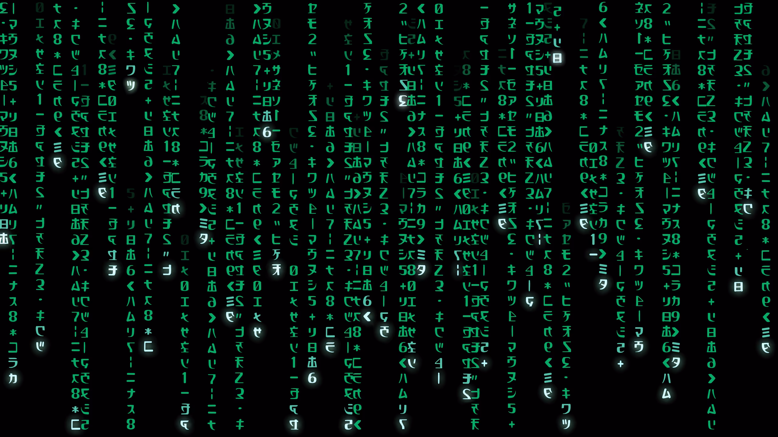 A black background filled with cascading columns of green digital-rain characters — Latin letters, digits and Japanese kana and kanji, a few glowing bright white