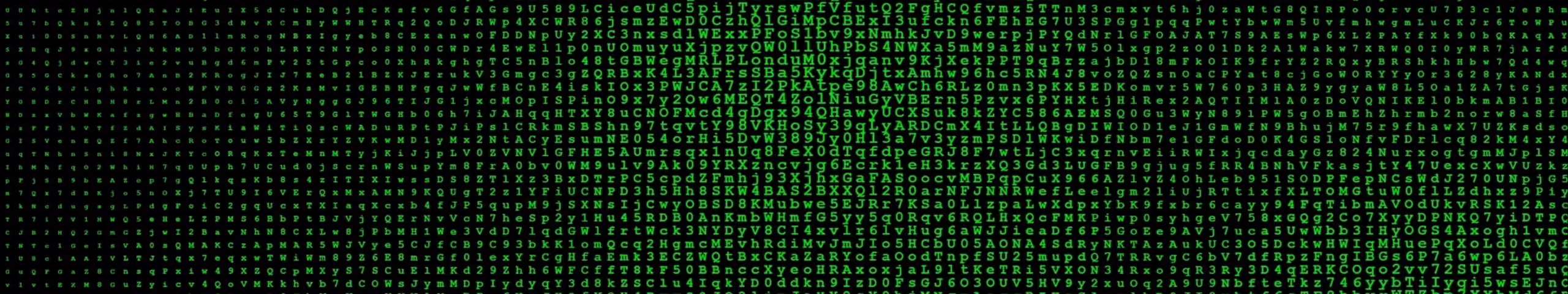 A black background filled with dense cascading columns of green alphanumeric code-rain characters