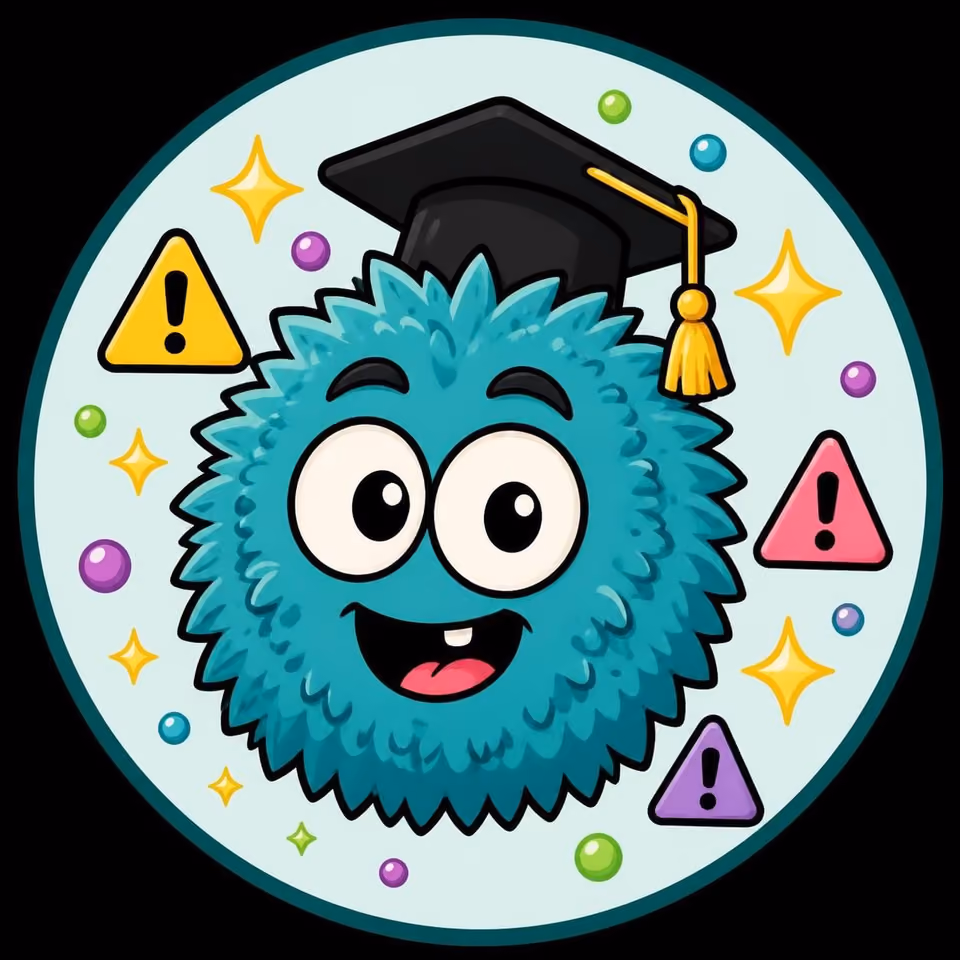 A fuzzy teal monster mascot wearing a black graduation cap, encircled by colourful warning-triangle icons, sparkles and beads, in a circular badge illustration