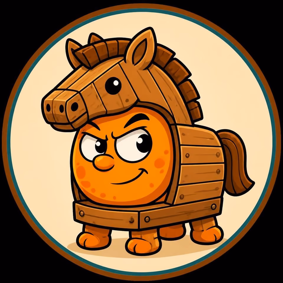 An orange round-faced character with a sly smile, wearing a wooden Trojan-horse costume, in a circular badge illustration