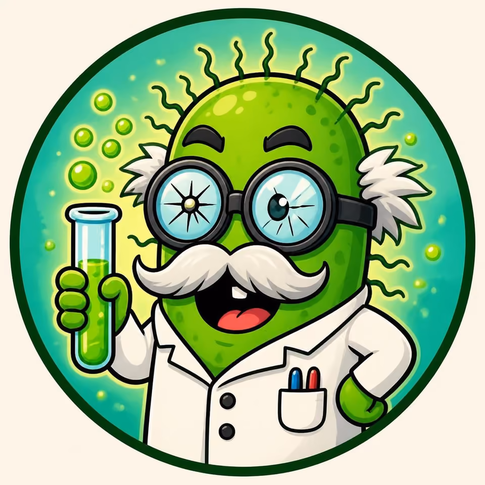 A green mad-scientist mascot with wild white hair and moustache, wearing goggles and a lab coat, holding a glowing test tube, in a circular badge illustration