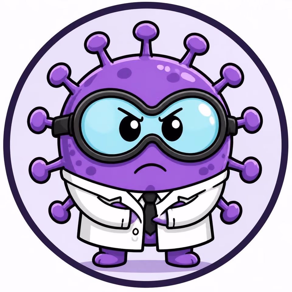 A purple spiked virus-shaped mascot with an angry expression, wearing goggles, a lab coat and a tie, in a circular badge illustration
