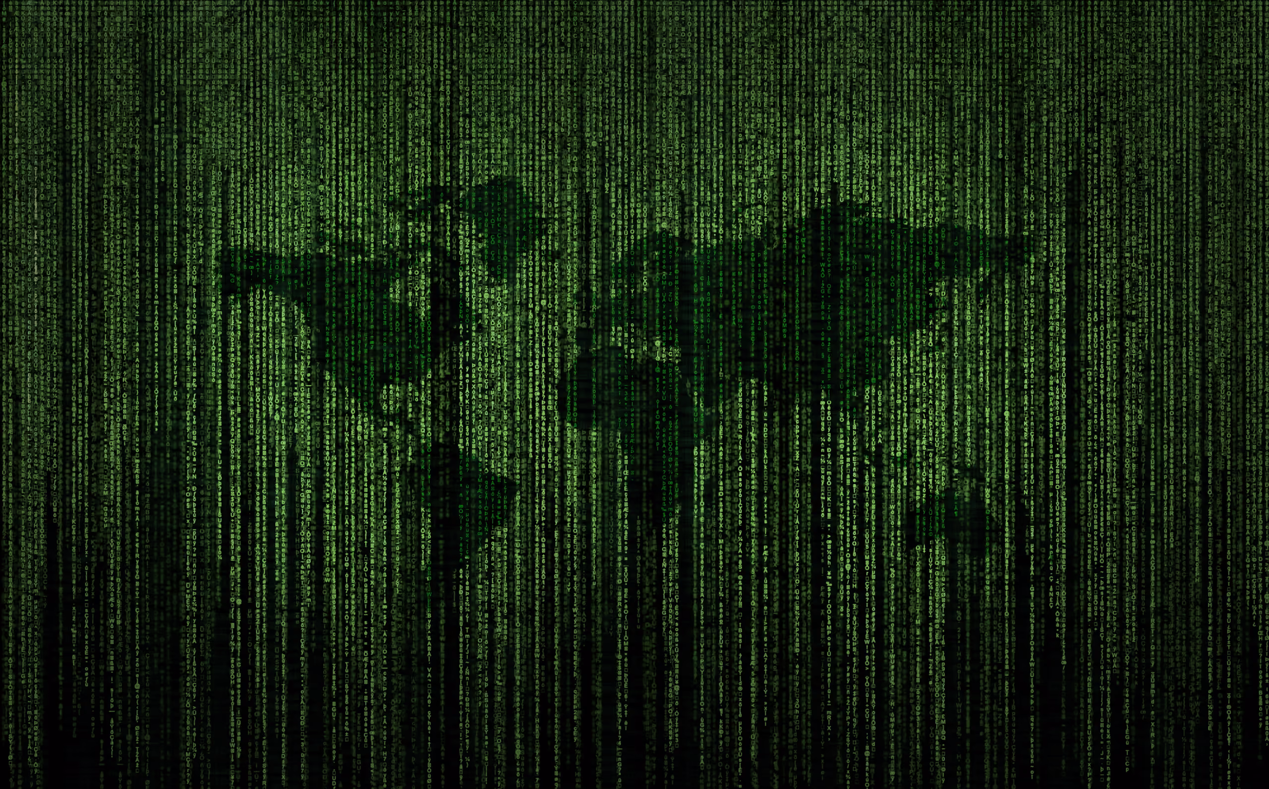 A green digital code-rain pattern whose character density faintly outlines a world map silhouette