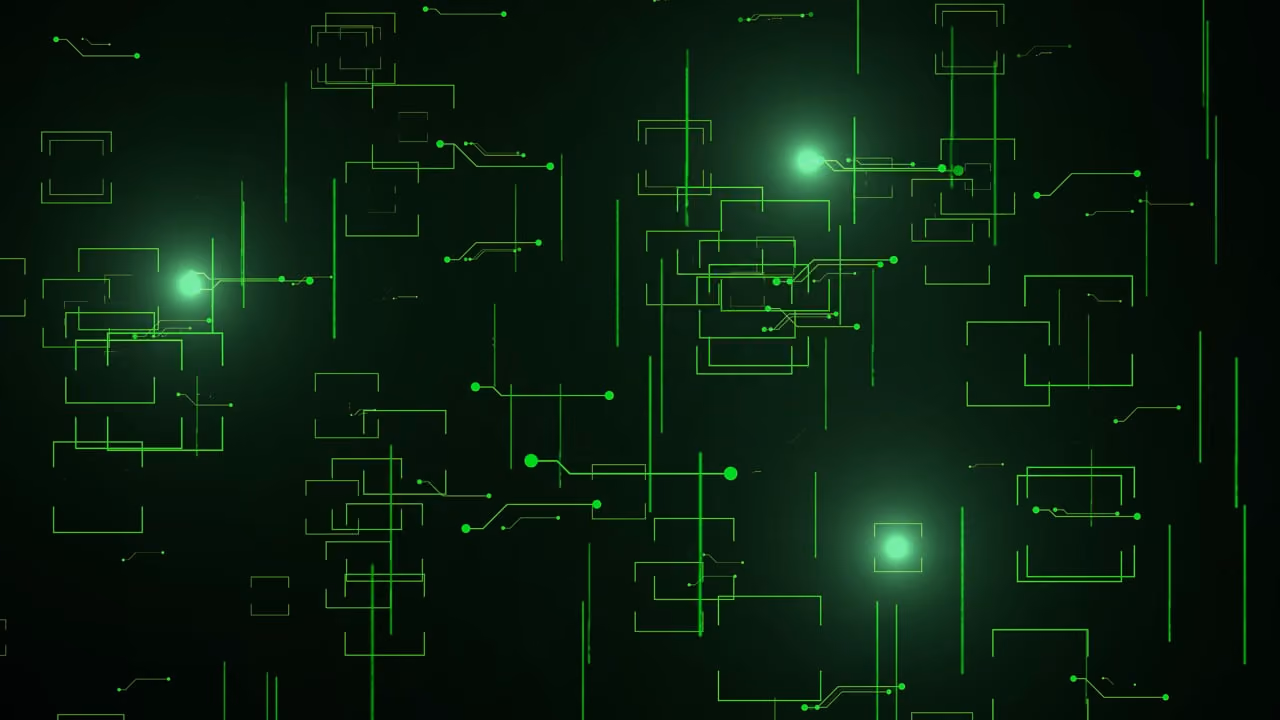 A dark background showing a glowing green circuit-board network of connected nodes, traces and rectangular chip outlines