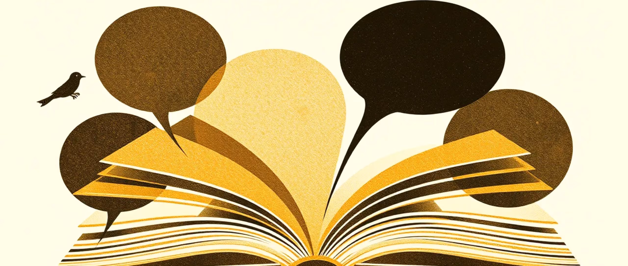 Two overlapping open books and three speech-bubble shapes, flat gold and black on warm cream, in a two-ink risograph print