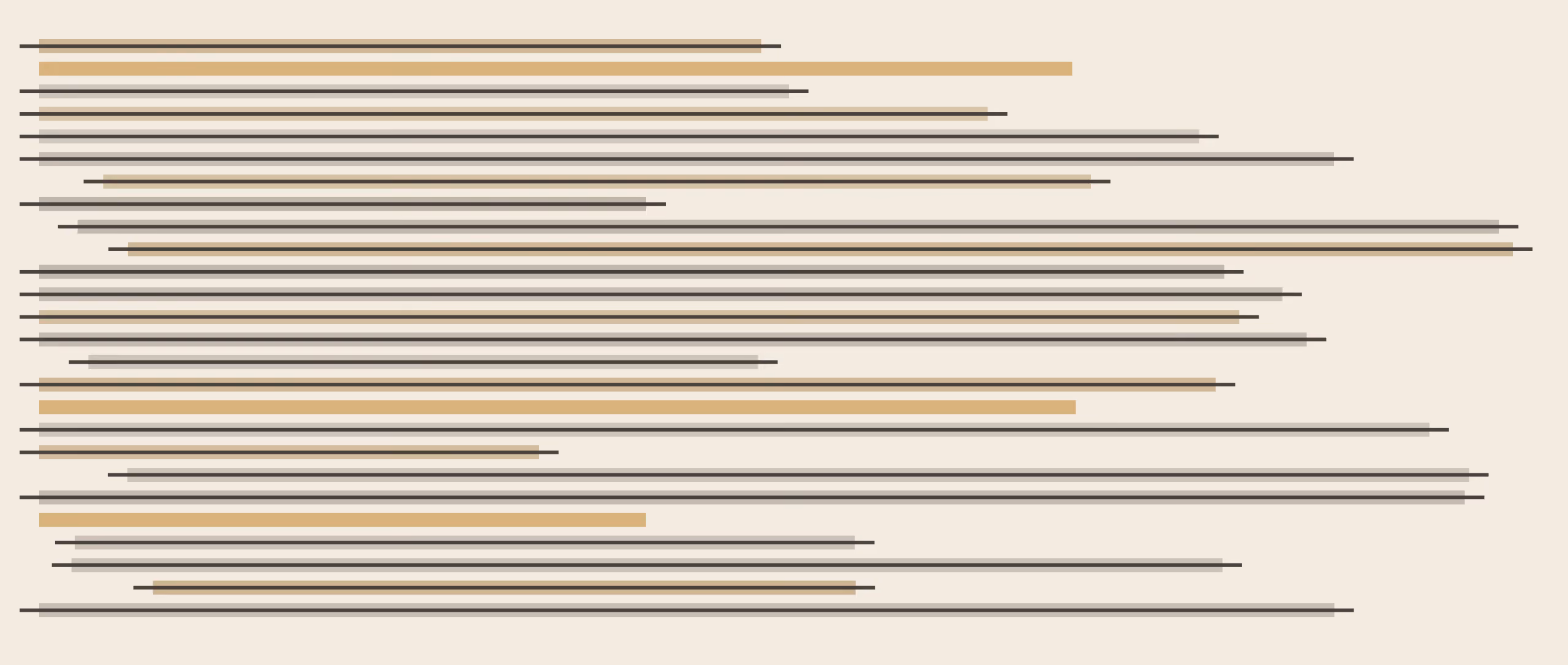 A moderation queue rendered as a tall stack of horizontal bars, most of them struck through, in flat gold and black on warm cream