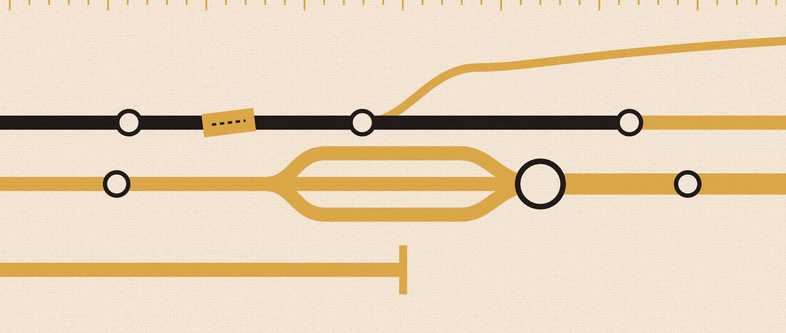 A two-ink map of continuity lines on cream paper: a black line with a taped splice that later turns gold, a branch drifting away from it, a gold line that splits into three and merges back into one, and a line that stops at a bar