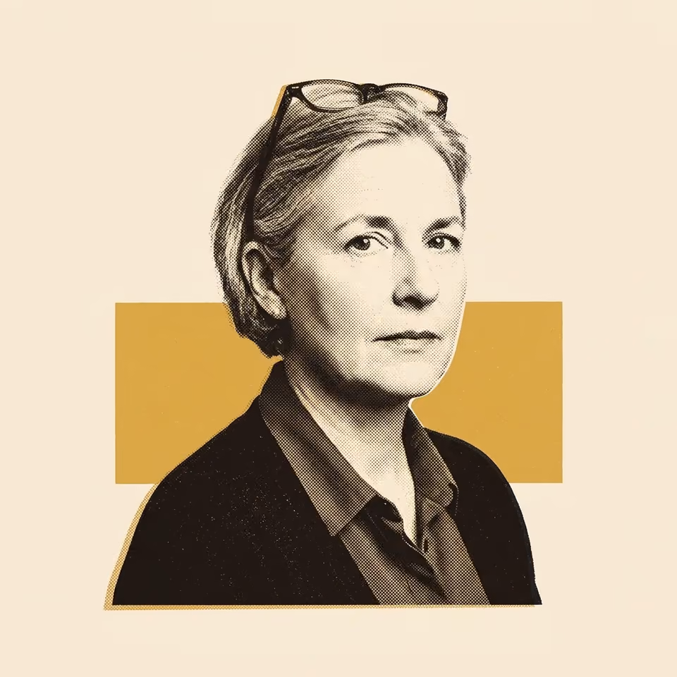 A two-ink risograph portrait of a woman in her fifties with short grey hair and reading glasses pushed up on her head, wearing a dark cardigan over a collared shirt, calm and exacting expression, in flat mustard-gold and near-black on warm cream paper