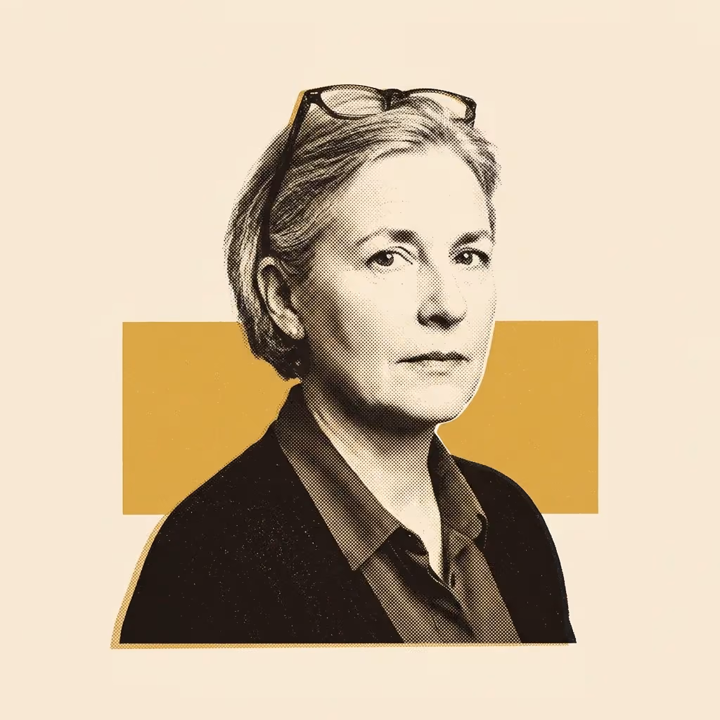 A two-ink risograph portrait of a woman in her fifties with short grey hair and reading glasses pushed up on her head, wearing a dark cardigan over a collared shirt, calm and exacting expression, in flat mustard-gold and near-black on warm cream paper