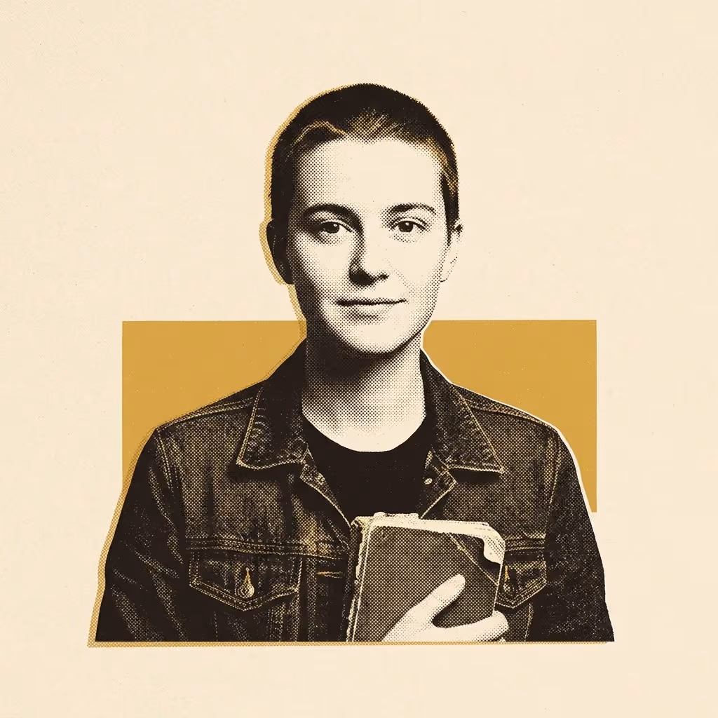 A two-ink risograph portrait of a young adult with close-cropped hair, facing the viewer, wearing a denim jacket over a plain t-shirt and holding a dog-eared paperback against their chest, patient and faintly amused expression, in flat mustard-gold and near-black on warm cream paper