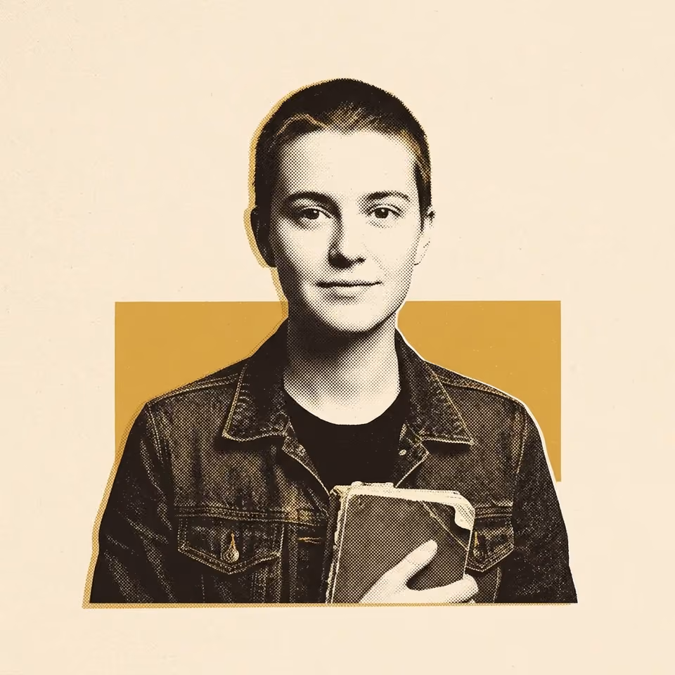 A two-ink risograph portrait of a young adult with close-cropped hair, facing the viewer, wearing a denim jacket over a plain t-shirt and holding a dog-eared paperback against their chest, patient and faintly amused expression, in flat mustard-gold and near-black on warm cream paper