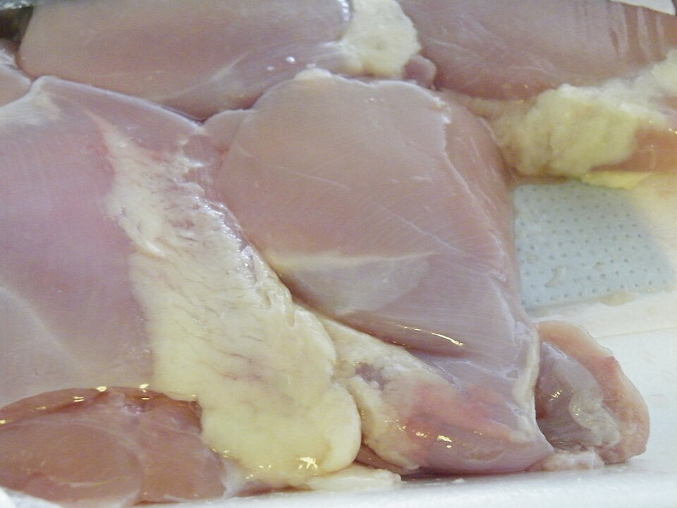 Close-up of raw chicken thigh meat, deeper pink than breast, with a seam of connective tissue and a pocket of subcutaneous fat still attached