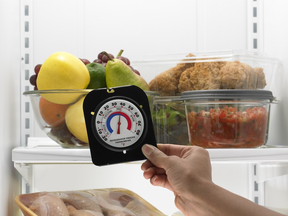 A hand holds a refrigerator appliance thermometer clipped to a shelf, its dial needle sitting just below the 40 degrees Fahrenheit REF mark, with raw poultry visible on the shelf below